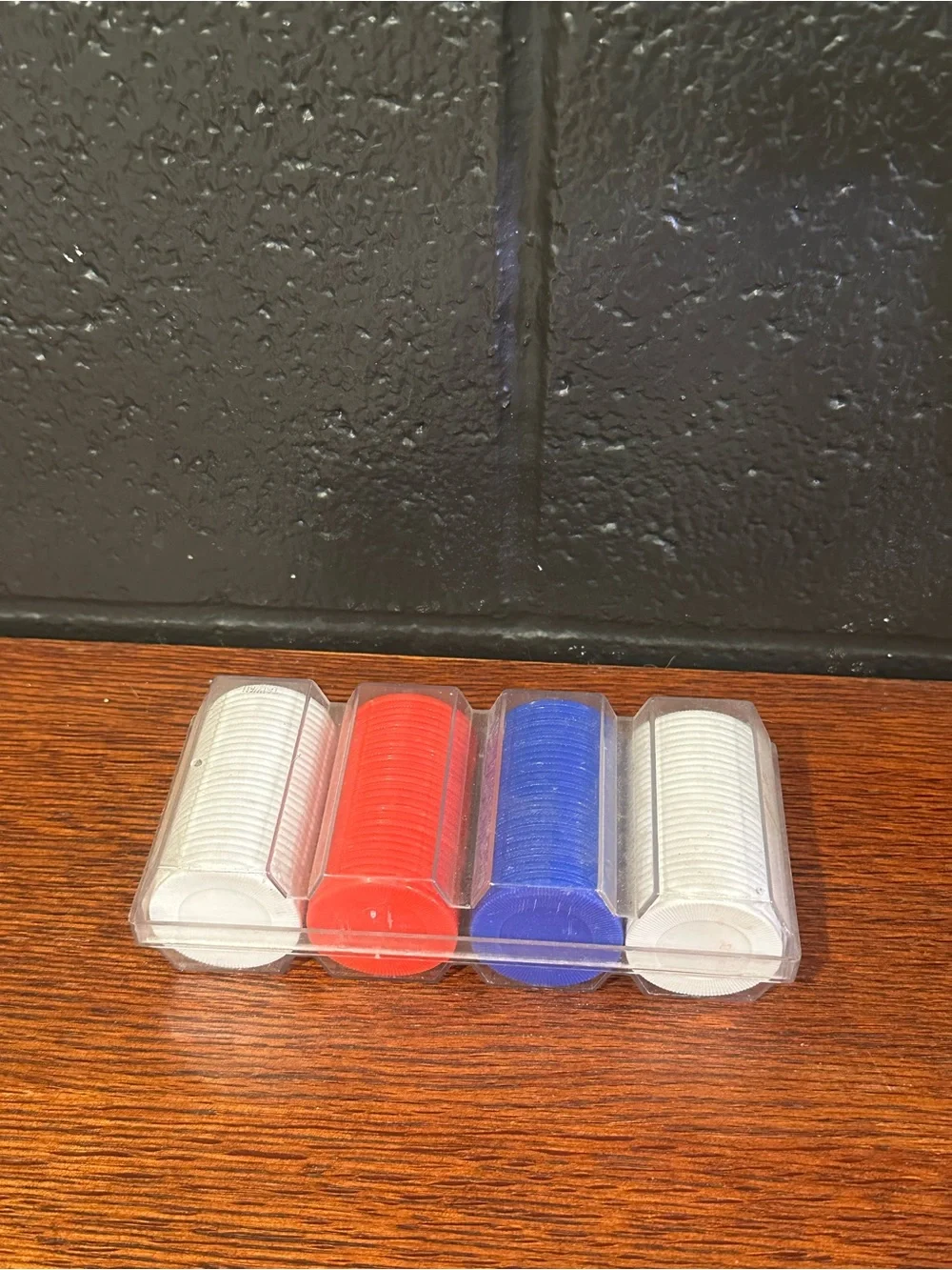 Red, Blue and White Poker Chips in Clear Case